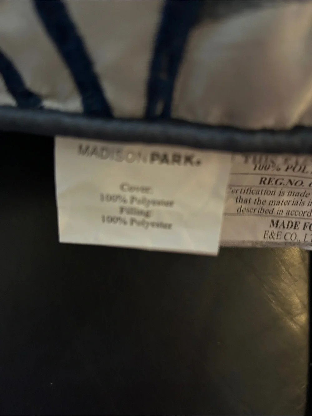 Madison Park Cream Pillow with Navy Embroidered andMatching Queen dust Ruffle